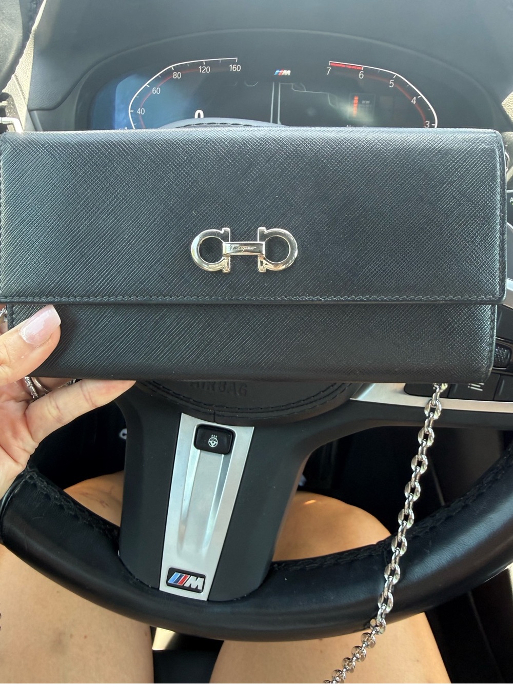 Salvatore Ferragamo Black Saffiano Chain Clutch with Silver Gancini - Picture 5 of 8